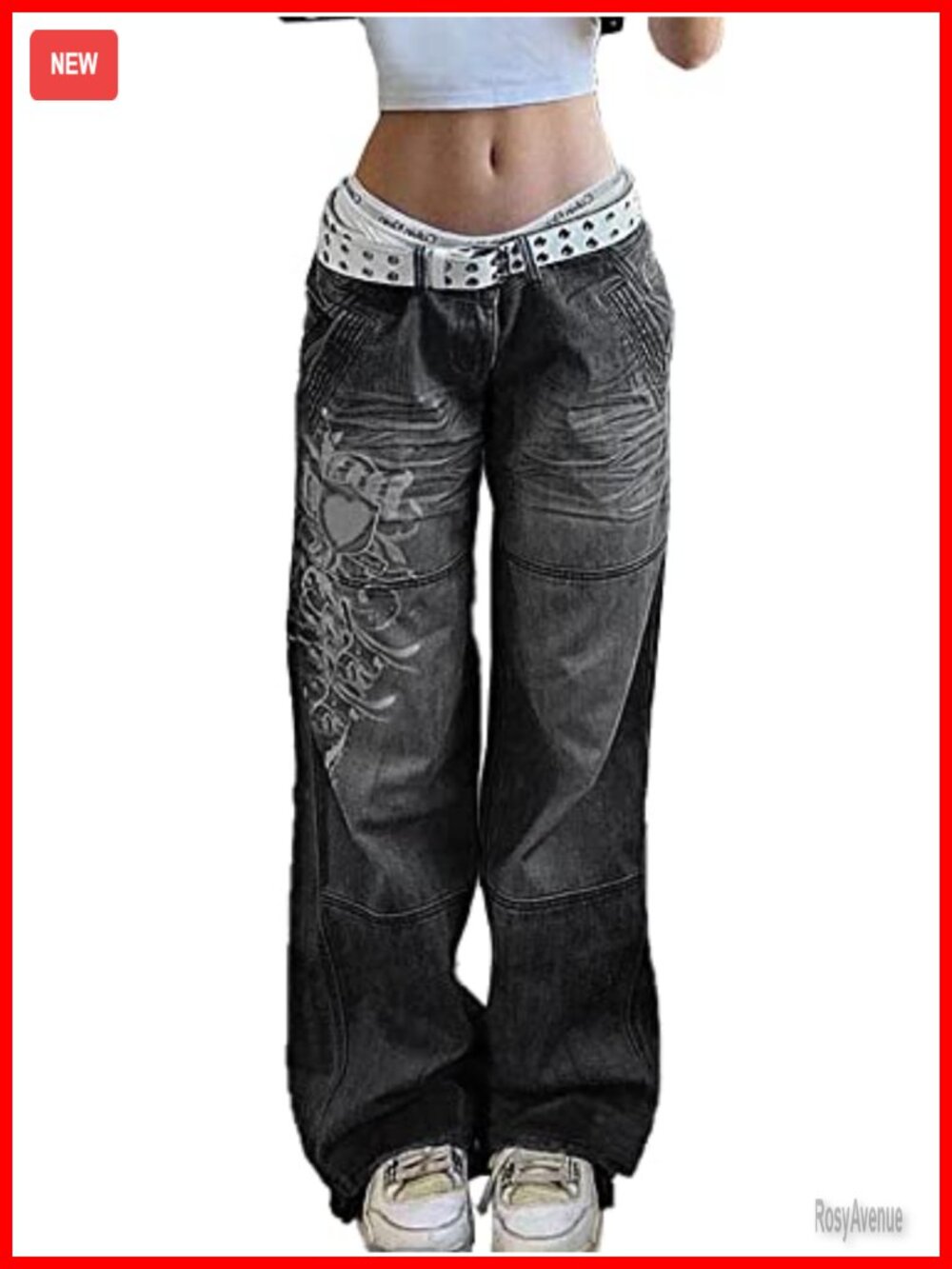 Women's Low Rise Baggy Wide Leg Heart Pattern Denim Cargo Jeans